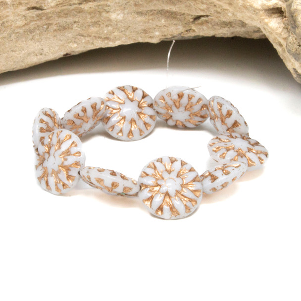 Czech Glass 14mm Dahlia Flower - White Copper Wash