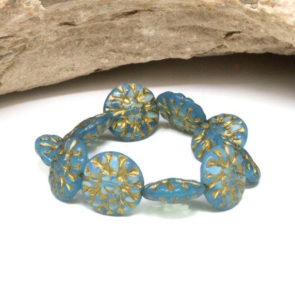 Czech Glass 14mm Dahlia Flower - Sky Blue Gold Wash