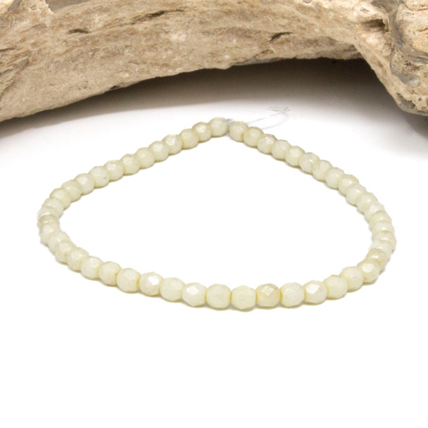 Fire Polish 4mm Faceted Round - Ivory with Mercury Finish