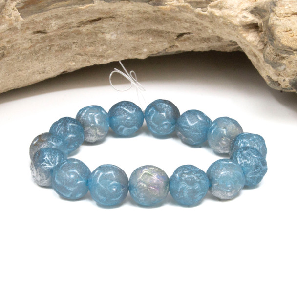 Czech Glass 10mm Round Rose Beads - Transparent Silver Etched Metallic Turquoise Wash