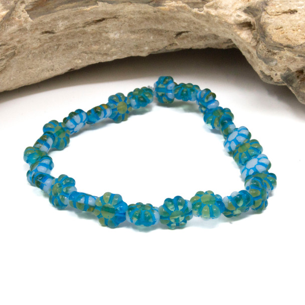 Czech Glass 9mm Cactus Flower - White Sky Blue Yellow Turquoise Wash