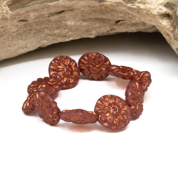 Czech Glass 14mm Dahlia Flower - Dusty Rose Copper Wash