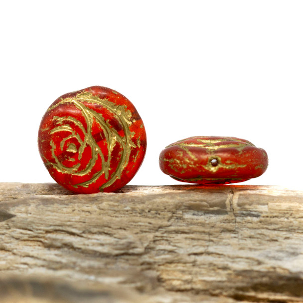 Czech Glass 17mm Rose Coin Bead - Matte Ruby Red with Gold Wash