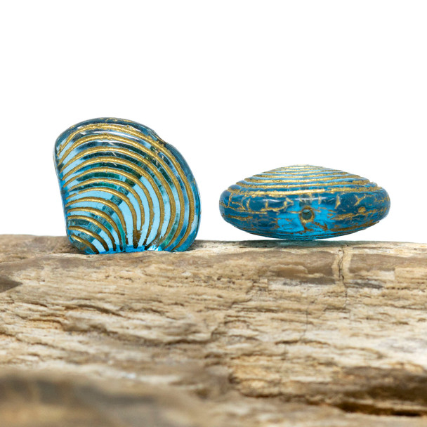 Czech Glass 15x18mm Seashell Bead - Sky Blue with Gold Wash