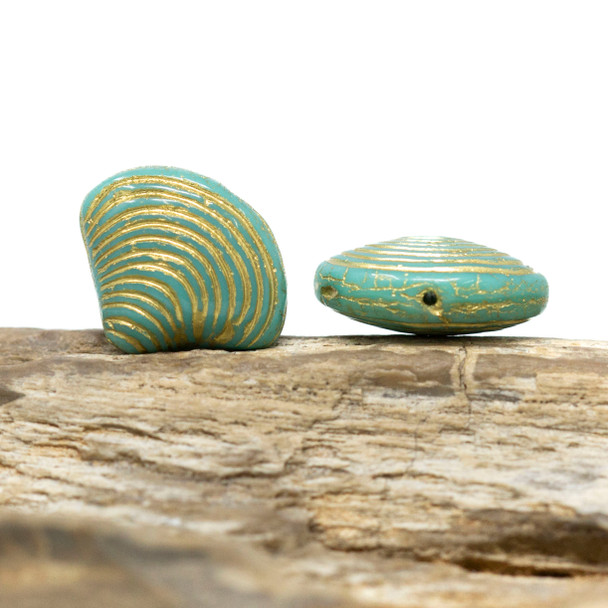 Czech Glass 15x18mm Seashell Bead - Sea Green with Gold Wash