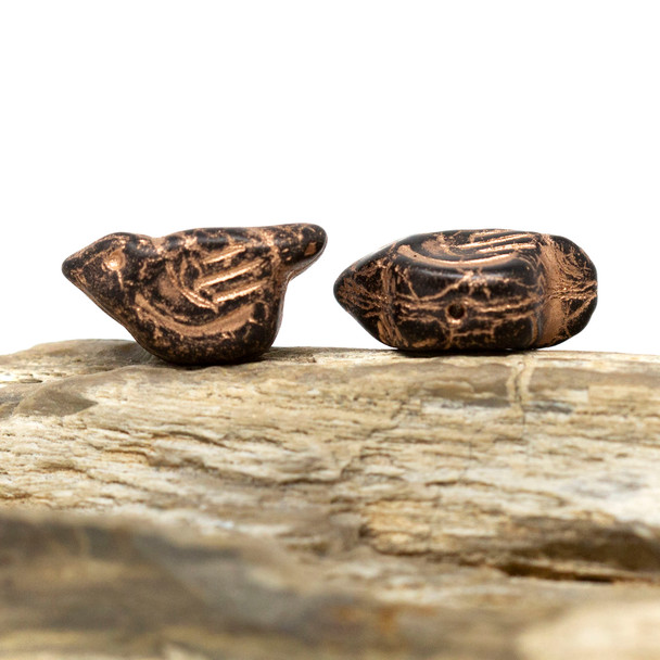 Czech Glass 11x22mm Bird Bead - Black with Copper Wash