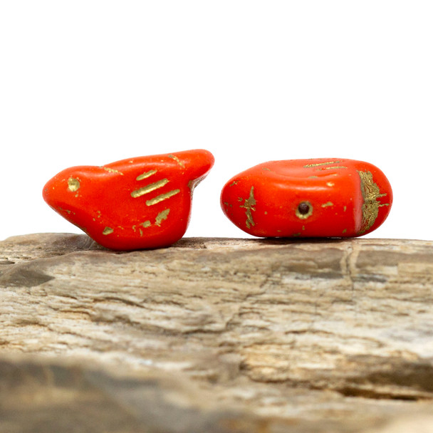Czech Glass 11x22mm Bird Bead - Flourescent Red with Gold Wash
