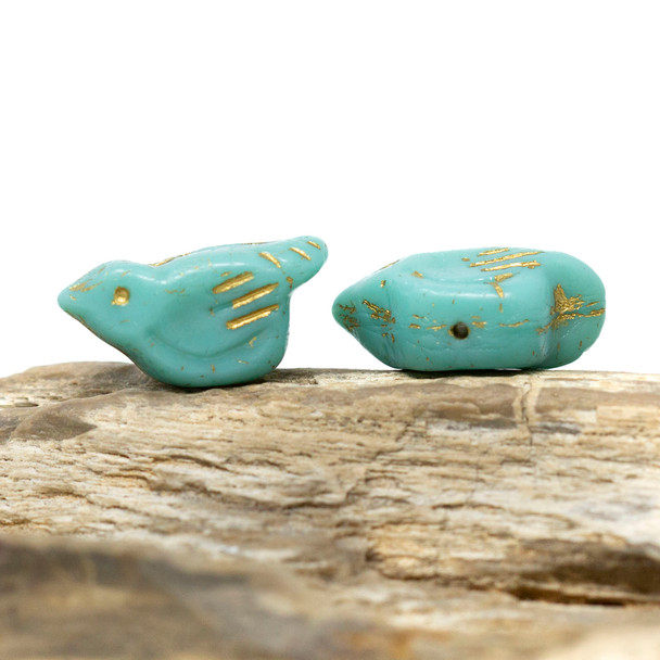 Czech Glass 11x22mm Bird Bead - Tiffany Green with Gold Wash