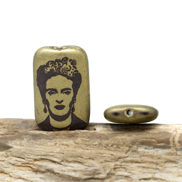 Czech Glass 19x12mm  Frida Kahlo Laser Etched Bead - Matte Gold with Black