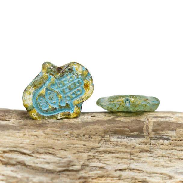 Czech Glass 15x10mm Hamsa Hand Bead - Transparent Picasso Finish with Turquoise Wash