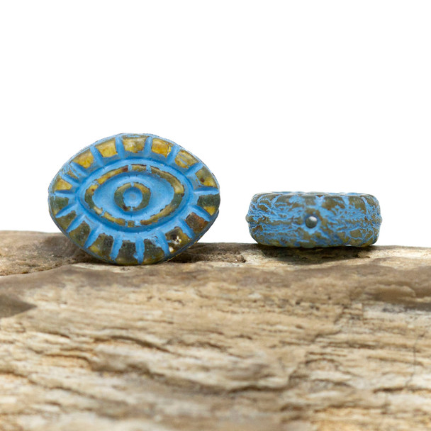 Czech Glass 14x11mm Mystic Eye Bead - Amber with Picasso Finish & Turquoise Finish