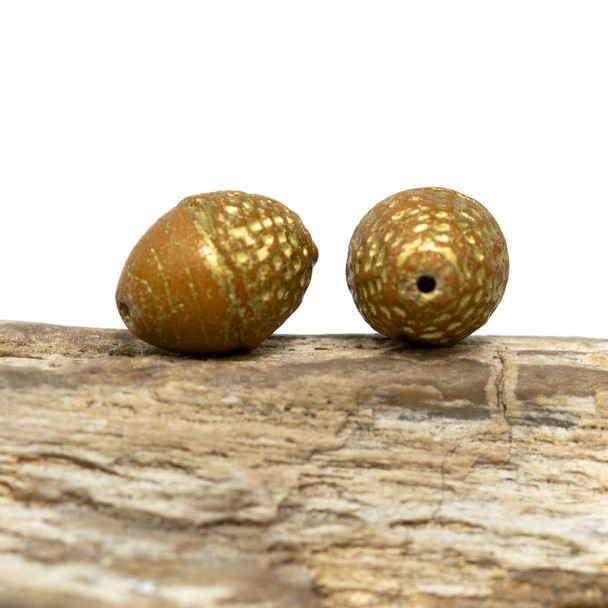 Czech Glass 10x12mm Acorn Bead - Brown with Matte Finish and Gold Wash