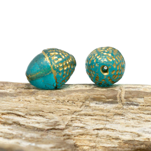 Czech Glass 10x12mm Acorn Bead - Teal with Matte Finish and Gold Wash