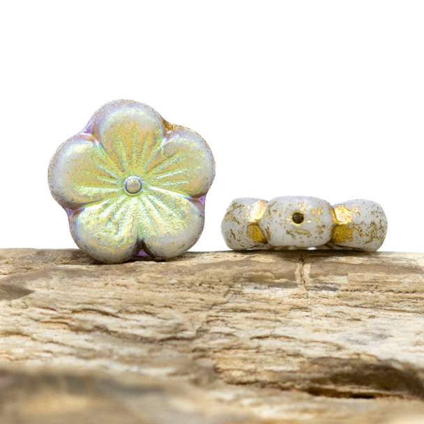 Czech Glass 21mm Hibiscus Flower Bead - AB & Gold with an Etched Finish