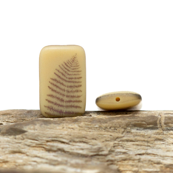 Czech Glass 19x12mm Rectangle Fern Laser Etched - Matte Ivory Opaque AB