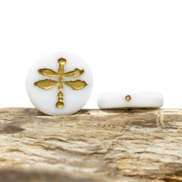 Czech Glass 18mm Dragonfly Coin Table Cut - White Gold Wash