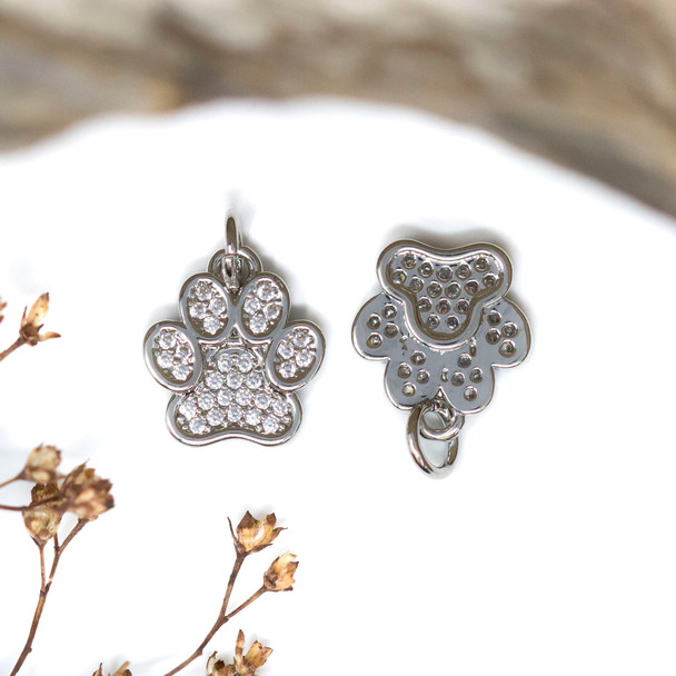 Silver Plated Micro Pave 11x13mm Paw Print Charm
