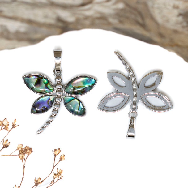 Silver Plated Abalone 28x29mm Dragonfly Pendant