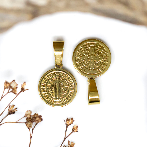 Gold Plated Stainless Steel 13mm Saint Benedict Coin Charm