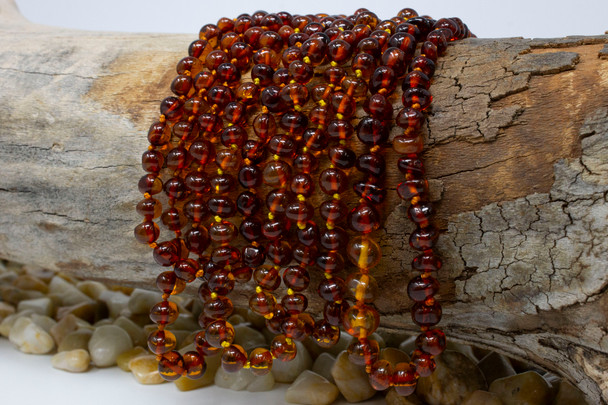 Baltic Amber Honey Cognac Polished 5-6mm Round Nugget - 13" Strand