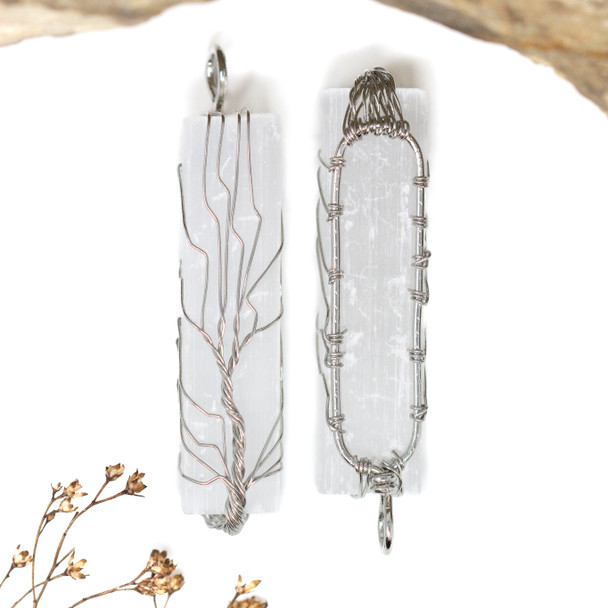Silver Plated Selenite 12x55mm Wire Wrapped Pendant