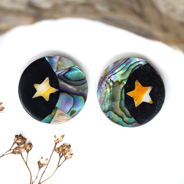 Spiny Oyster & Abalone Inlay Polished 19mm Double Sided Moon & Star Coin