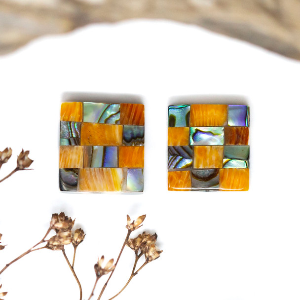 Spiny Oyster & Abalone Inlay Polished 13mm Double Sided Checkerboard Square