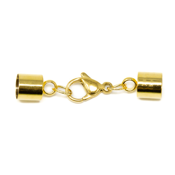 Gold Plated Brass 6mm Cord Ends with Clasp & Extender - 1 Set