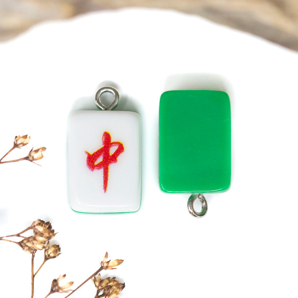 Resin 20x11mm Green Red Dragon - Mahjong Tile Pendant