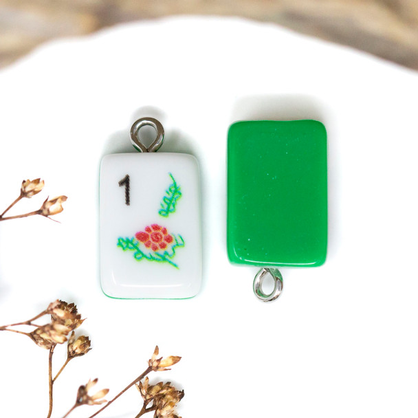 Resin 20x11mm Red Green Flower - Mahjong Tile Pendant