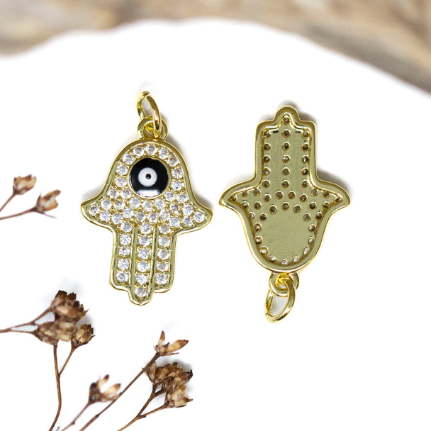 Gold Plated Micro Pave 20x14mm Hamsa with Eye Charm