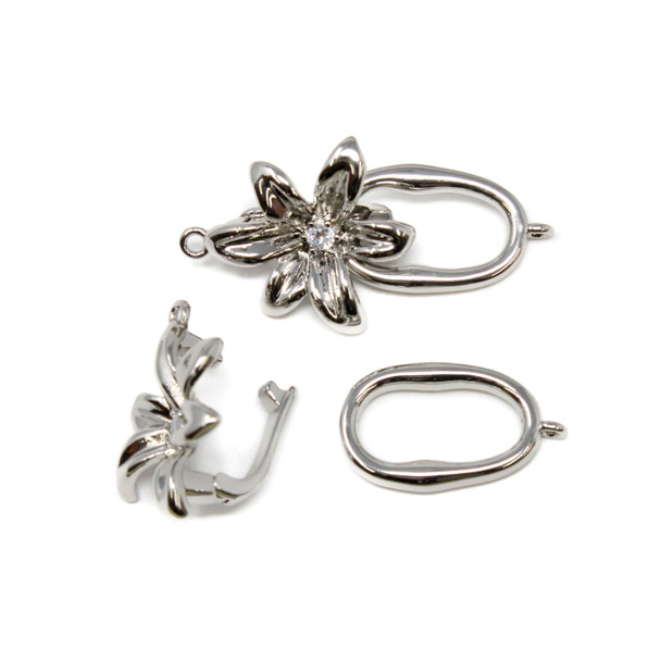 Silver Plated Micro Pave Polished 36x18mm Flower Fold Over Clasp