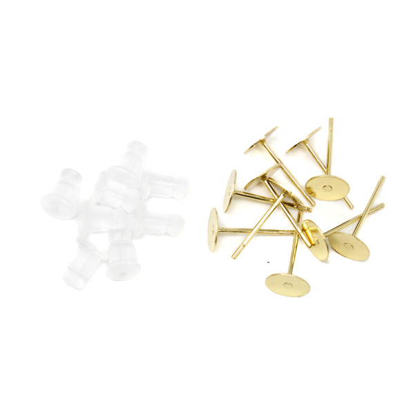 Gold Plated 6mm Glue On Flat Posts with Backs - 5 Pair