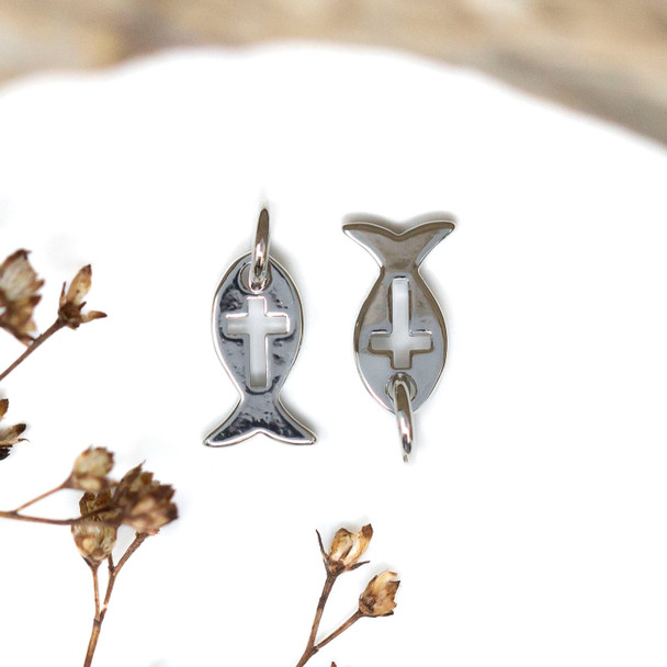 Silver Plated Brass 11x6mm Fish Cross Charm