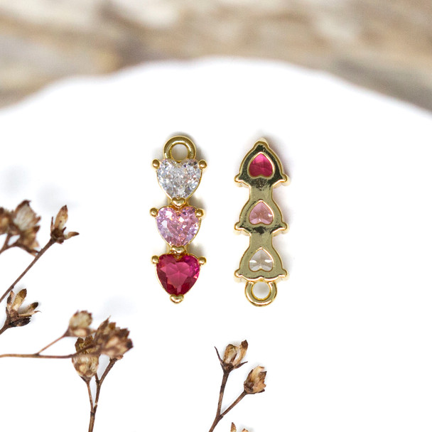 Gold Plated Micro Pave 16x5mm 3 Hearts Charm