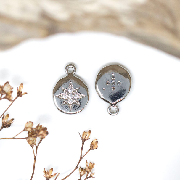 Silver Plated Micro Pave 9mm North Star on Flat Coin Charm