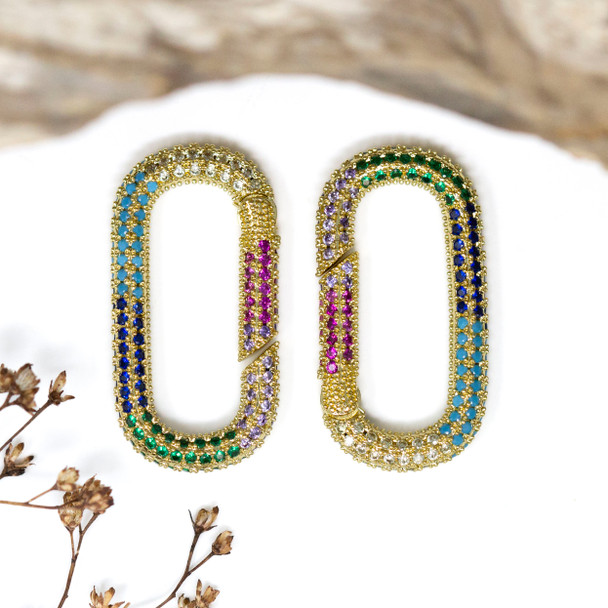 Gold Plated Micro Pave 34x17mm Multi Colored Oval Carabiner Spring Clasp