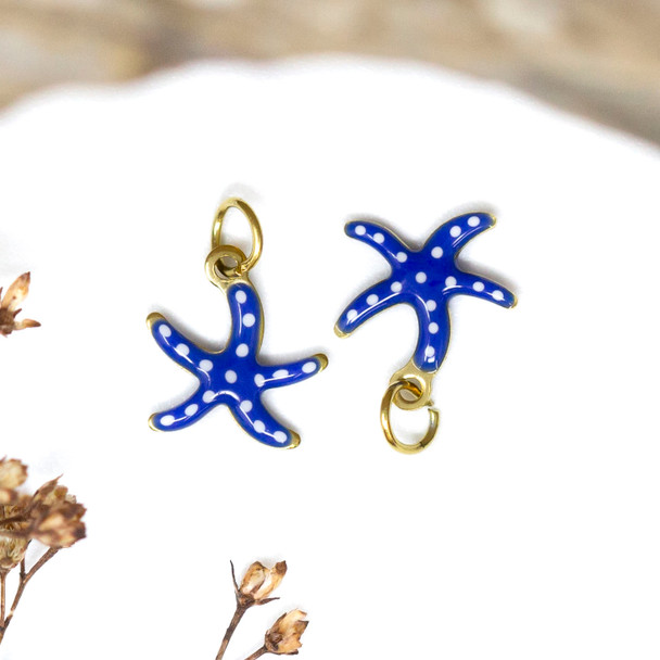 Gold Plated Enamel Stainless Steel 10mm Blue Starfish Charm
