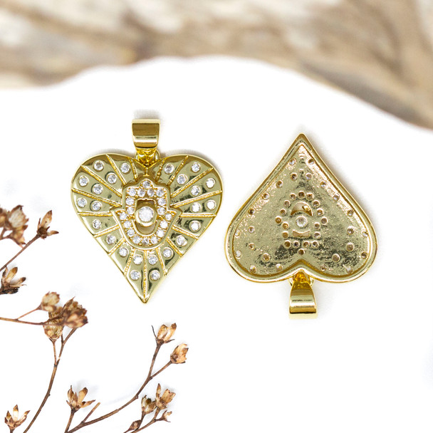 Gold Plated Micro Pave 19mm Hamsa Heart Charm