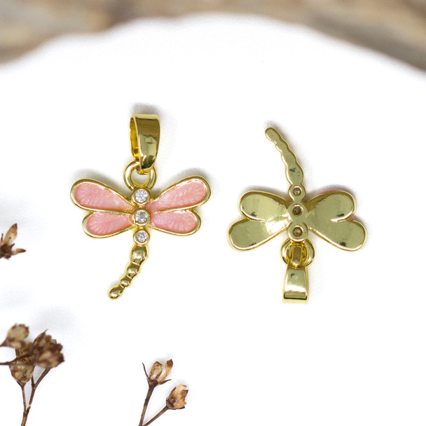 Gold Plated Micro Pave Enamel 14mm Pink Dragonfly Charm