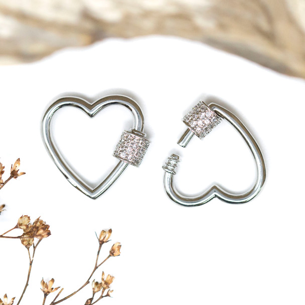 Silver Plated 18mm Micro Pave Heart Carabiner Clasp
