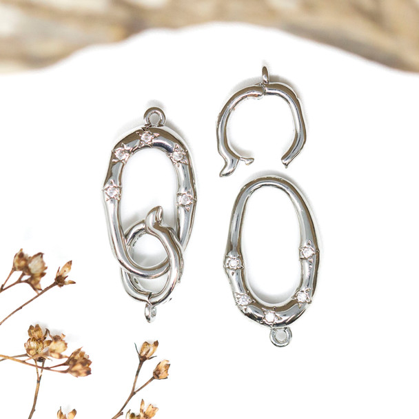 Silver Plated Micro Pave Polished 33x13mm Organic Oval Fold Over Clasp