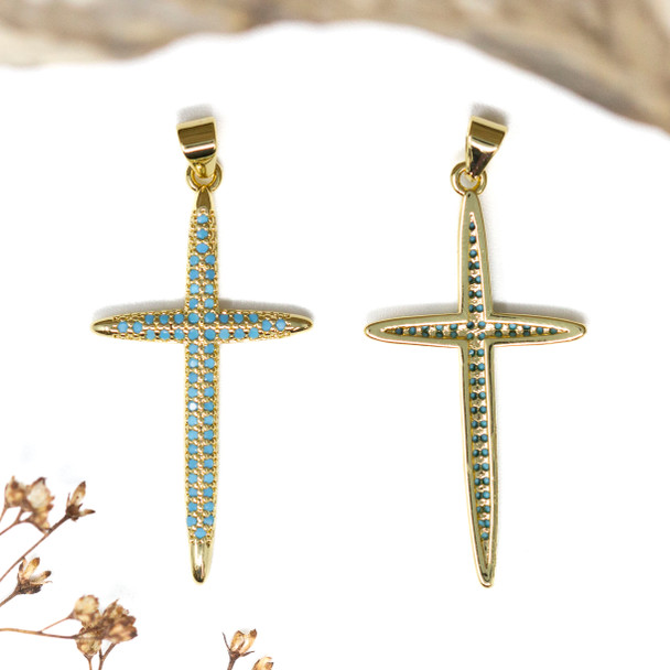 Gold Plated Micro Pave 39x20mm Turquoise Cross Charm