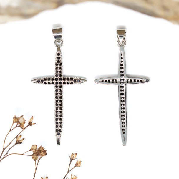 Silver Plated Micro Pave 39x20mm Black Cross Charm