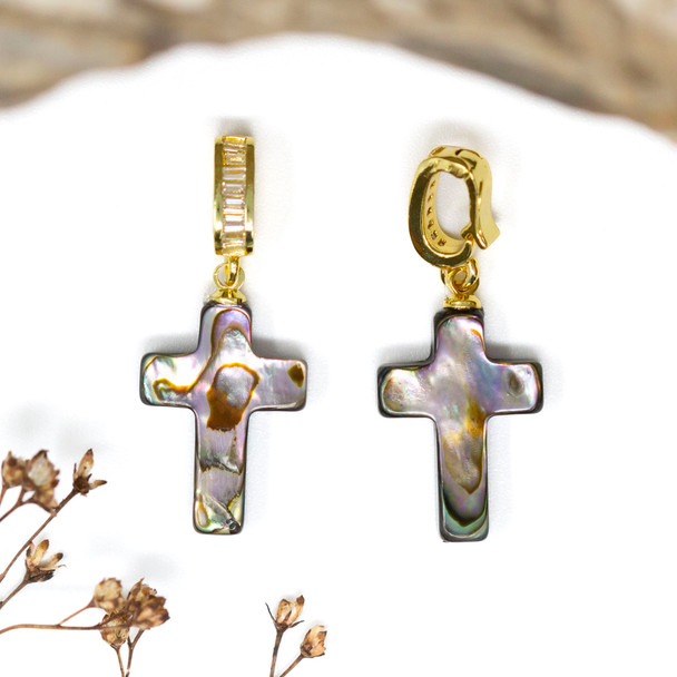 Gold Plated Micro Pave Abalone 22x13mm Cross with Bail Charm