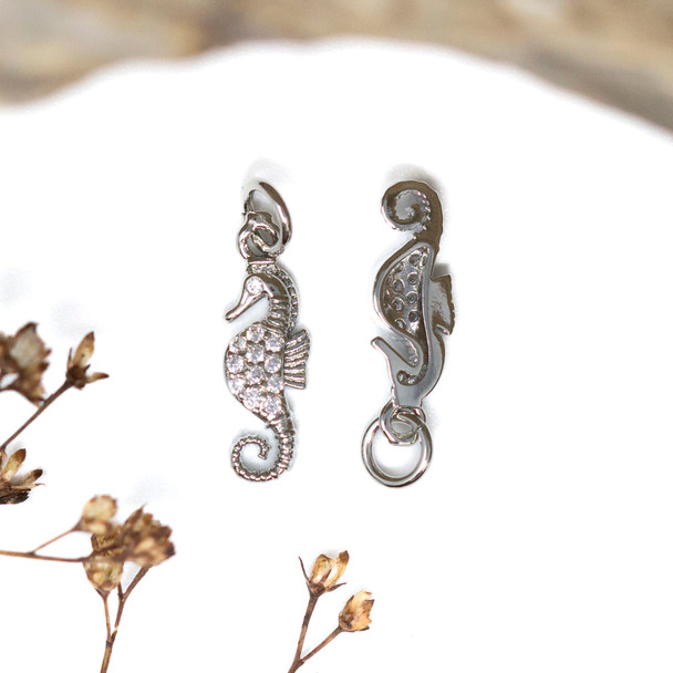 Silver Plated Micro Pave 17x6mm Seahorse Charm