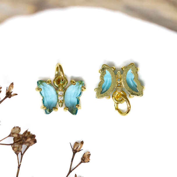 Gold Plated Micro Pave Glass 11x9mm Aqua Butterfly Charm