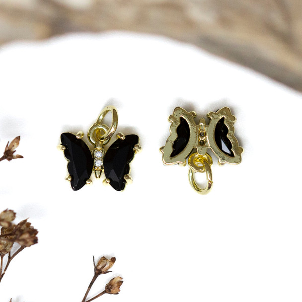 Gold Plated Micro Pave Glass 11x9mm Black Butterfly Charm