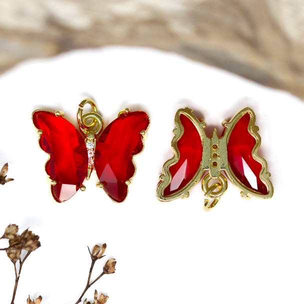 Gold Plated Micro Pave Glass 15x9mm Red Butterfly Charm
