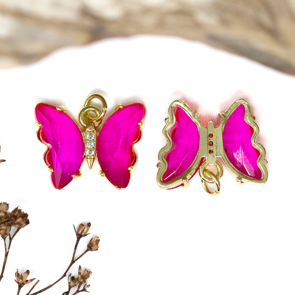Gold Plated Micro Pave Glass 15x9mm Hot Pink Butterfly Charm